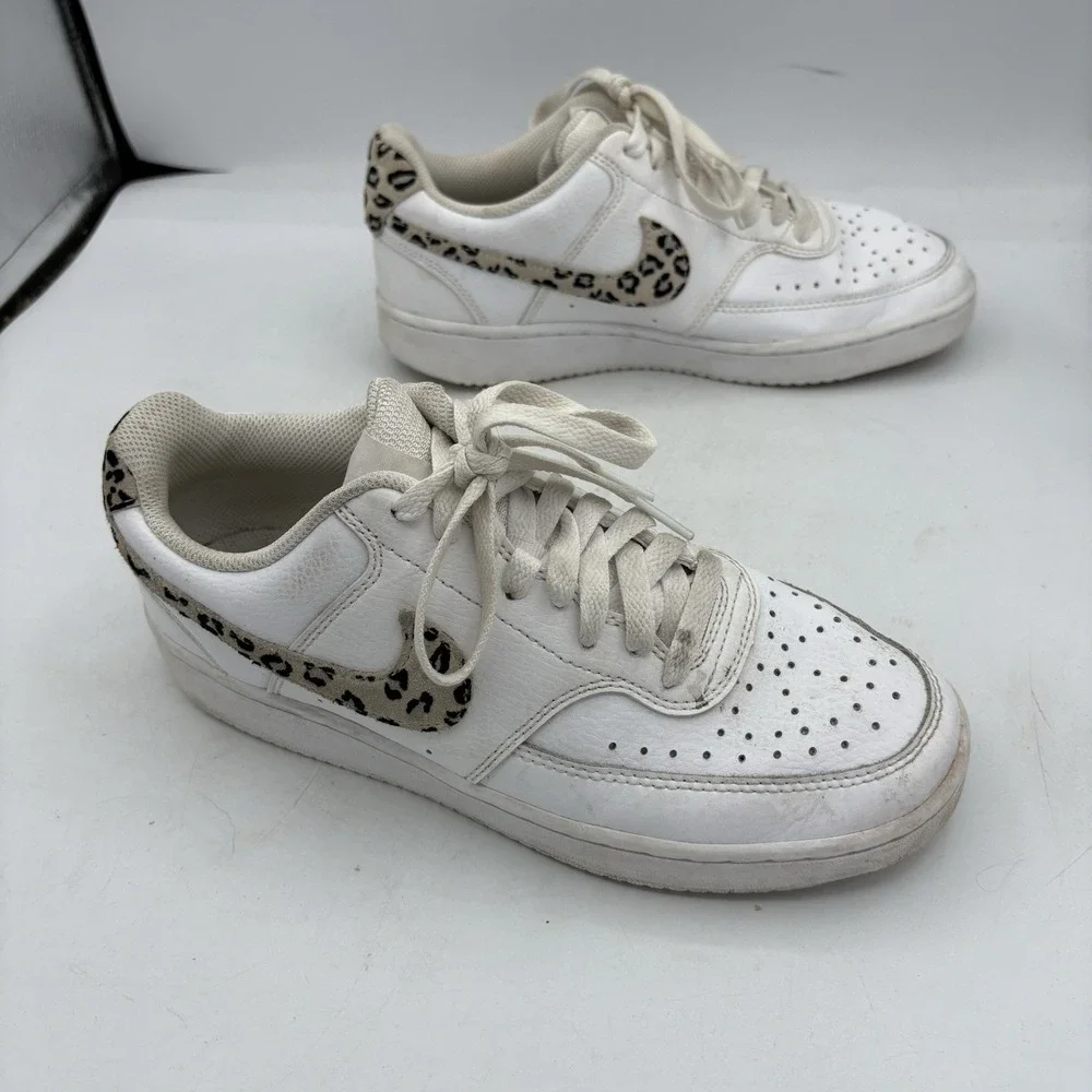 Nike Shoes Womens Size 8 Court Vision Low White Leopard Swoosh Casual‎ Sneakers